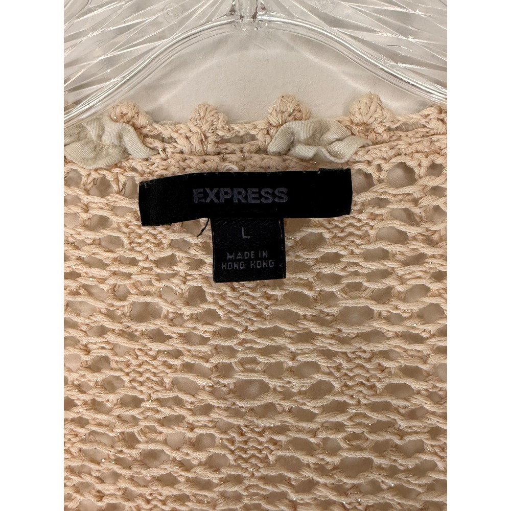 Express Cropped Crochet Cardigan Y2K Tan Metallic Coquette Knit Ruffle Large - Picture 2 of 12